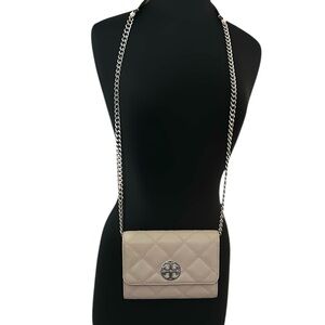 Tory Burch Beige Cream Quilted Leather crossbody with silver hardware